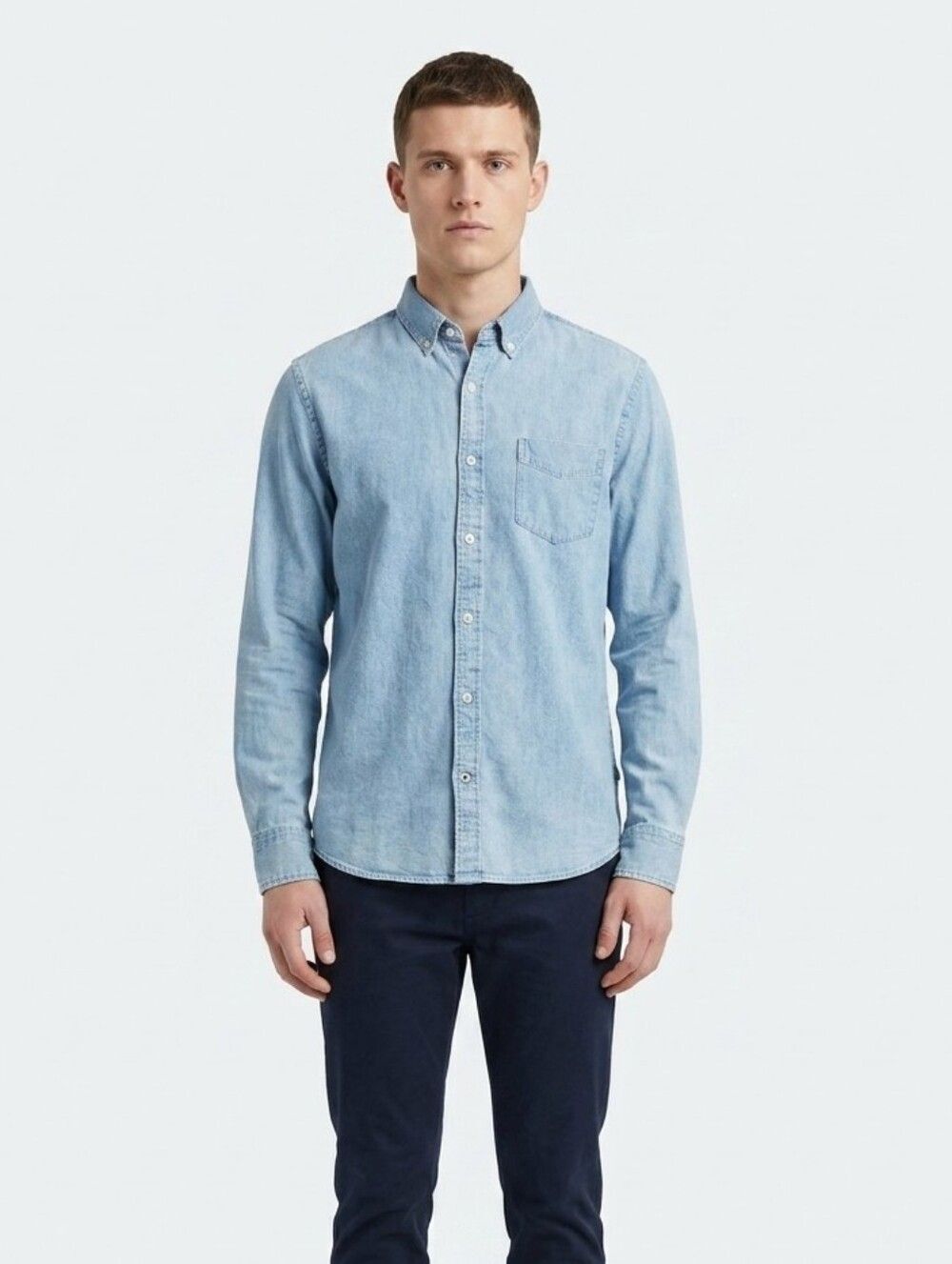 NN07 No Nationality Levon Denim Button Down Shirt Light Wash Blue Large Scandi